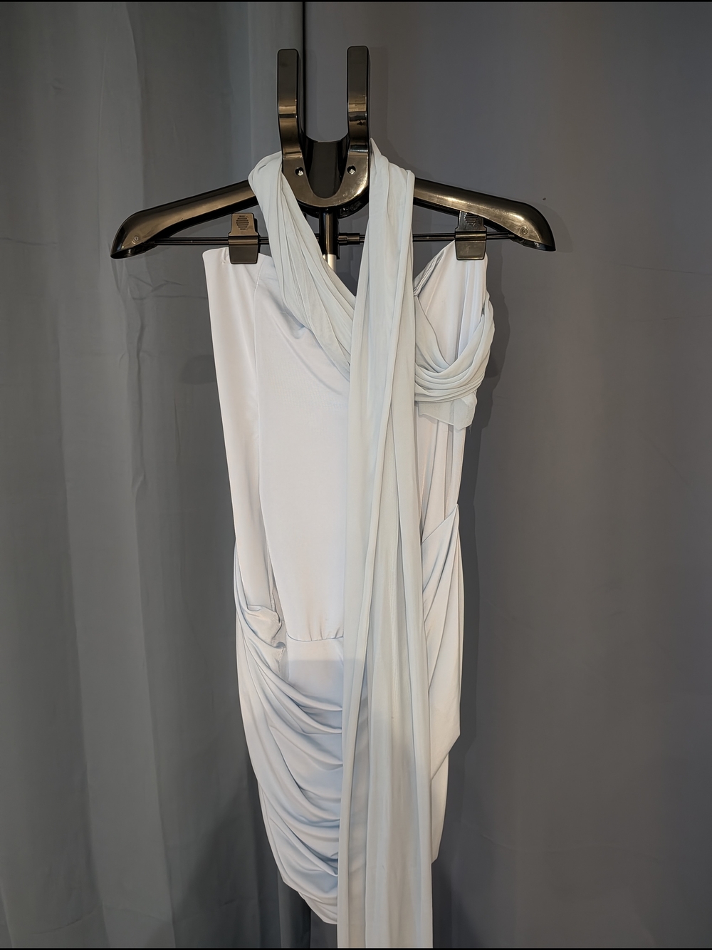Meshki White One-Shoulder Draped Sash Dress
